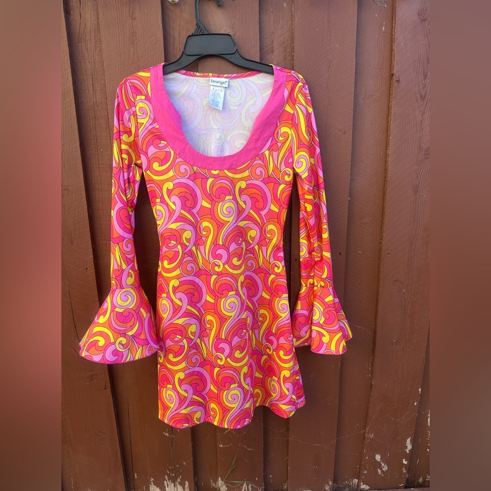 Dream Girl Vibrant Swirl Bell Sleeve Mini Dress in Pink and Yellow Print